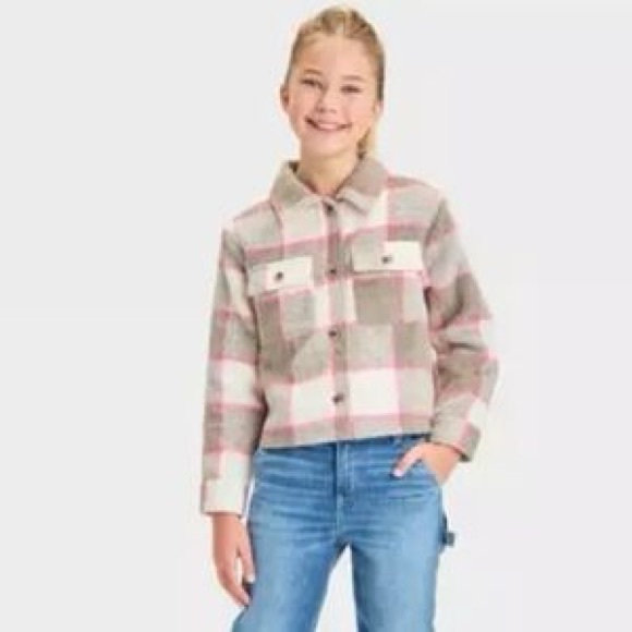 Cat & Jack Other - CAT & JACK Pink Tan Neutral Plaid Fuzzy Button Down Shirt Jacket Size 4/5
